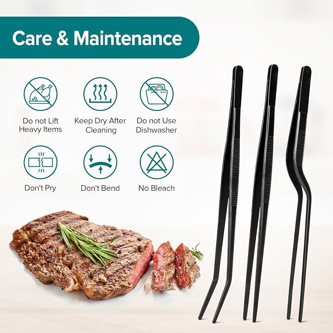 Kitchen Tweezer Tongs Set for Chef Food Plating, 6 Pcs, 8", Black | Stainless Steel, Small Chef Food Culinary Bar Thin Skinny Tweezers Tongs, Cooking Tweezers Set, For Baking Decorating Feeding