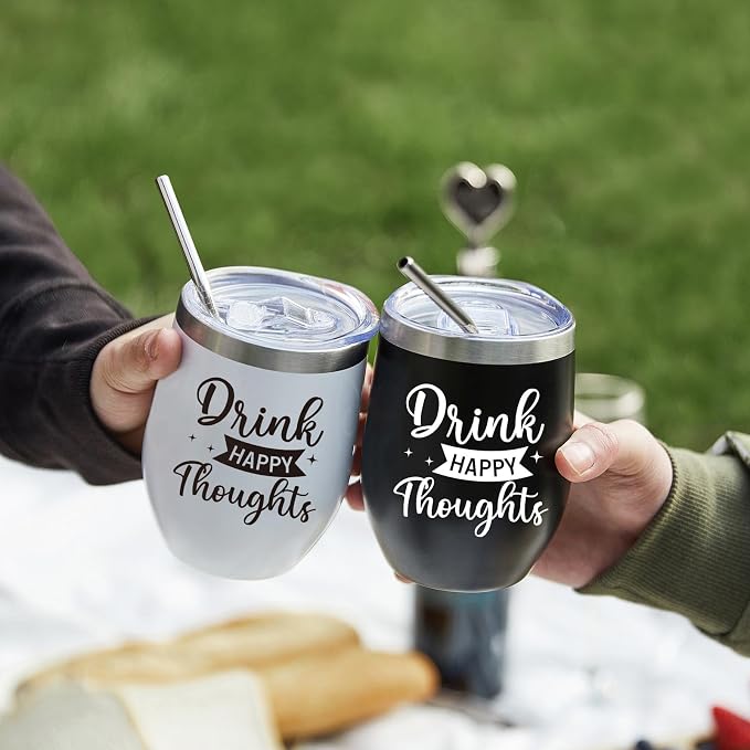 AW BRIDAL Birthday Gifts for Women Men, Drink Happy Thoughts Gift Basket for Housewarming and Beach Camping Travel, Insulated Wine Cooler Bag with Tumbler Mugs and Accessorie Set for Wine Lover Friend