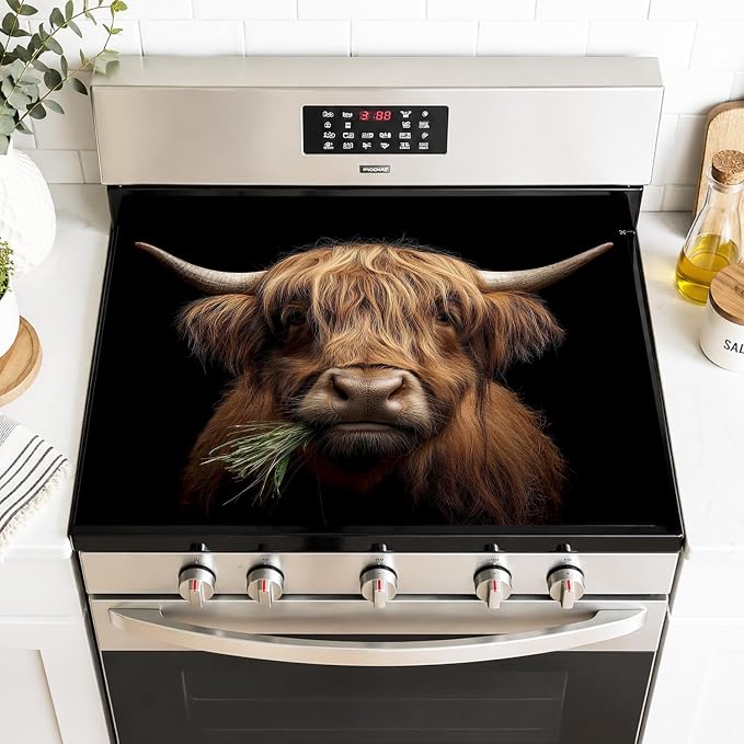 Highland Cow Stove Top Cover, Brown Highland Cow Farmhouse Style | Non-Slip Washable Cooktop Protector Mat for Glass & Electric Stoves, 28.4 x 20.5 in