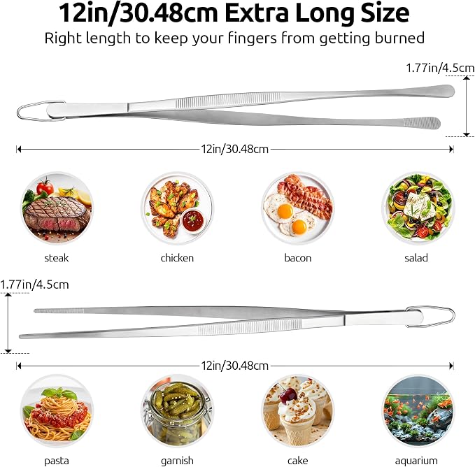 U-Taste Kitchen Cooking Tweezers, 18/8 Stainless Steel Tongs Set of 2, 12in | Food-Grade Metal Food Tongs Set, Seamless-Welding, Long Professional Chef Tweezer for Plating Serving Grilling Frying Feeding