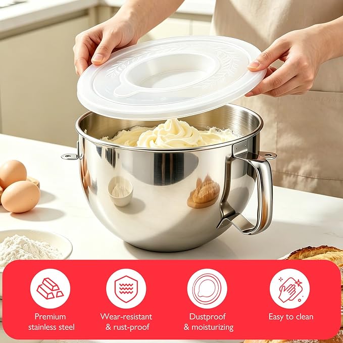 6QT Replacement Stainless Steel Bowl for KitchenAid Bowl-Lift Mixers | Food-Grade 18/8 Stainless Steel 6qt Bowl With Handle. Fits Pro 600. Ideal For Large Family Baking Without Splashing.