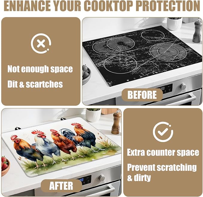 Rustic Rooster Stove Top Covers for Electric Stove,Farmhouse Electric Gas Stove Pad Heat Resistant Range Cooktop Protector for Home Decor Kitchen 28"x20"