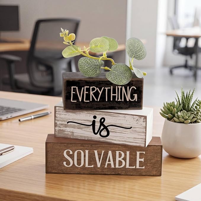 Lineshading 4 Pcs Inspirational Farmhouse Table Decor Rustic Wooden Stacked Block Signs with Inspirational Quote Artificial Eucalyptus Leaves Farmhouse Decoration for Home Office Shelf Gift