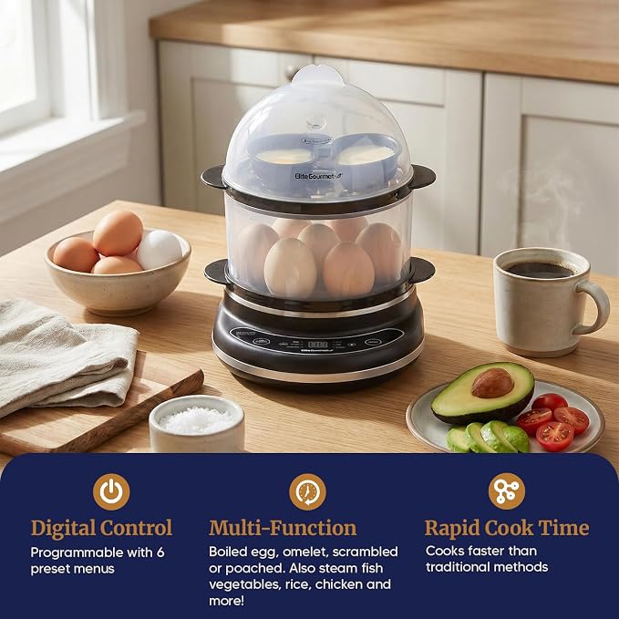 Elite Gourmet EGC314CB Digital Egg Cooker & Food Steamer, 14-Egg, Black | 6 programmed presets for poaching, omelets, and soft, medium, or hard-boiled eggs - 2-tier design with measuring cup