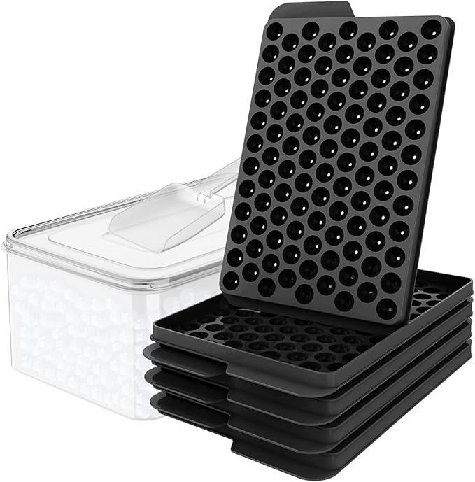 Mini Ice Cube Trays for Freezer with Lid, 0.55" Pebble Ice | 4 Trays-Black, with Ice Box & Scoop. for Coffee, Bottle, Juice & Drinks, Easy Twist Release, Stackable