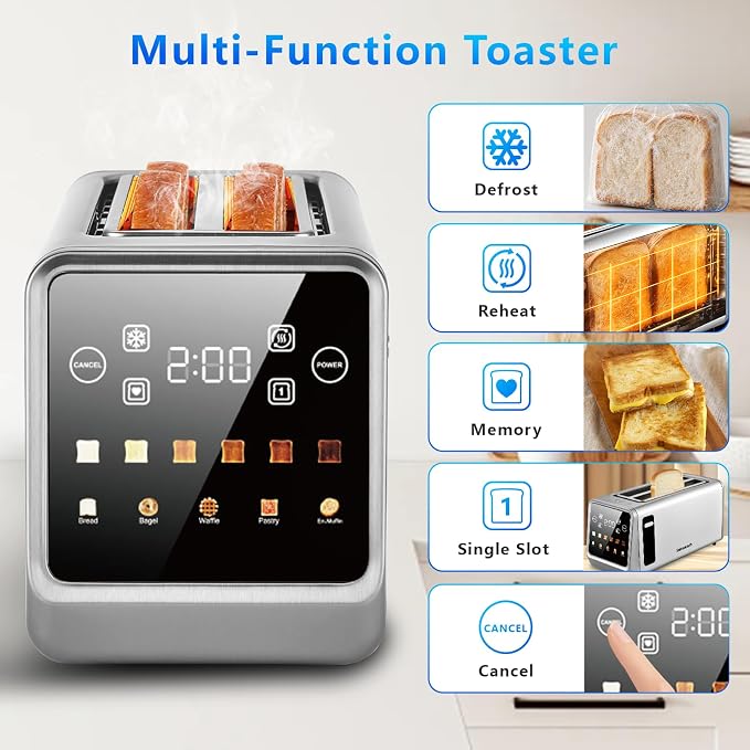 SAKAMOSH 4 Slice Long Slot Touch Screen Toaster, Stainless Steel | Wide Slots Fit Thick Bread & Bagels, 6 Browning Levels, Defrost & Reheat, Removable Crumb Tray, Great for Family Breakfast