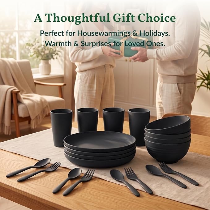 Wheat Straw Dinnerware Sets, Homienly 20pcs Unbreakable Microwave Dishwasher Safe Tableware Lightweight Bowls, Cups, Plates Set Reusable Dinner Plates Bowls set (Matte Black)