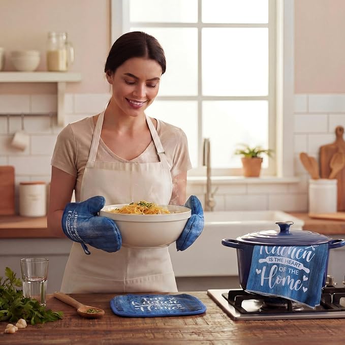Leinuosen 8 Pcs Farmhouse Kitchen Decor Towels and Oven Mitts Sets Pot Holders Dishcloths Set Kitchen Decorative Accessories Absorbent Potholders Heat Resistant for Chef Baking Cooking
