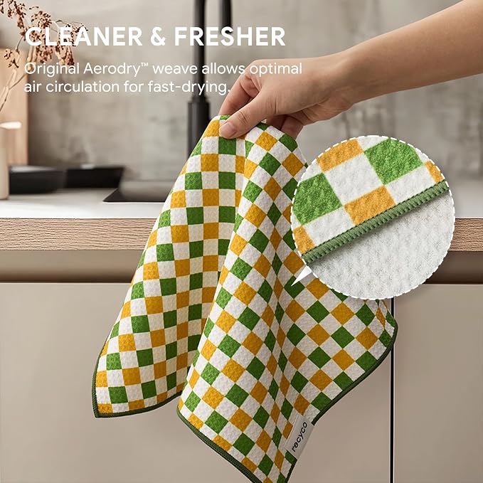 RECYCO Waffle Kitchen Towel Set of 2 - Quick Dry Microfiber Sustainable Dish Towels - Ultra Absorbent Reusable Cleaning Tea Towels - Lightweight Hand Towels,16”x 28”, Avocado Vibes