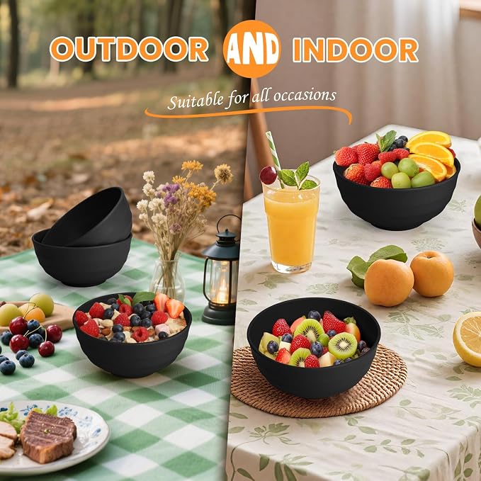 Unbreakable Big Bowl Set of 8: Alternative to Large Plastic Bowls - 60oz Wheat Straw Bowls for Salad, Soup & Cereal, Microwave & Dishwasher Safe for Everyday Use & Picnics - Black