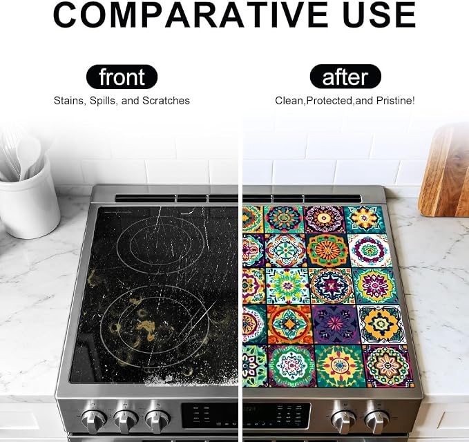Bohemian Stove Top Cover 28x20 Inch Colorful Pattern Glass Cooktop Cover | Heat Resistant Cooktop Protector Mat with Non-Slip Backing, Scratch Protection and Countertop Drying Mat.