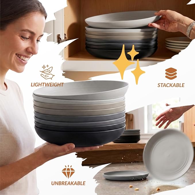 Wheat Straw Dinner Plates Set of 8-11 Inch, Alternative to Plastic, Microwave & Dishwasher Safe, Unbreakable Kids Plates with 4 Colors (Stone Grey)