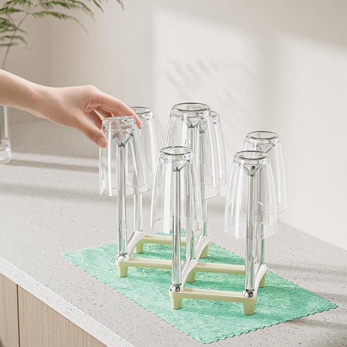 Marbrasse Retractable Cup Drying Rack, Drinking Glass and Sports Bottle Drainer Stand, Plastic Bag Dryer with Non-Slip Bottom for Kitchen Countertop, 2p - White