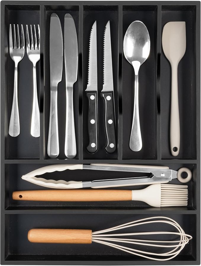 Bamboo Silverware Drawer Organizer, Utensil Kitchen Drawer Organizer, Utensil Holder Cutlery Tray with Grooved Drawer Dividers for Kitchen Utensils and Flatware Bedroom Office (7 Slot, Black)