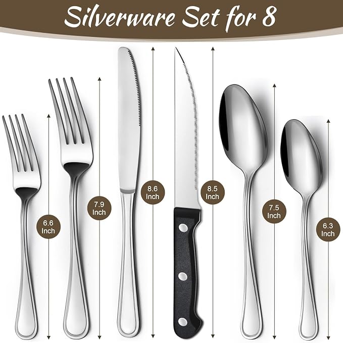 Hunycook 48-Piece Silverware Set - Stainless Steel Silverware Set for 8, Stainless Steel Flatware Set with Forks, Knives & Spoons, Mirror Polished Cutlery Set, Dishwasher Safe
