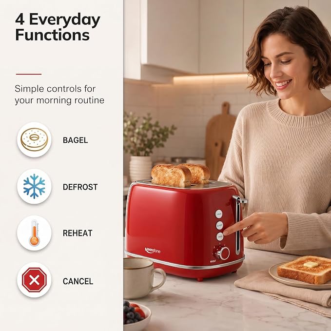 2 Slice Stainless Steel Toaster Retro with 6 Bread Shade Settings, Bagel, Cancel, Defrost Function, Extra Wide Slot, Removable Crumb Tray, Red