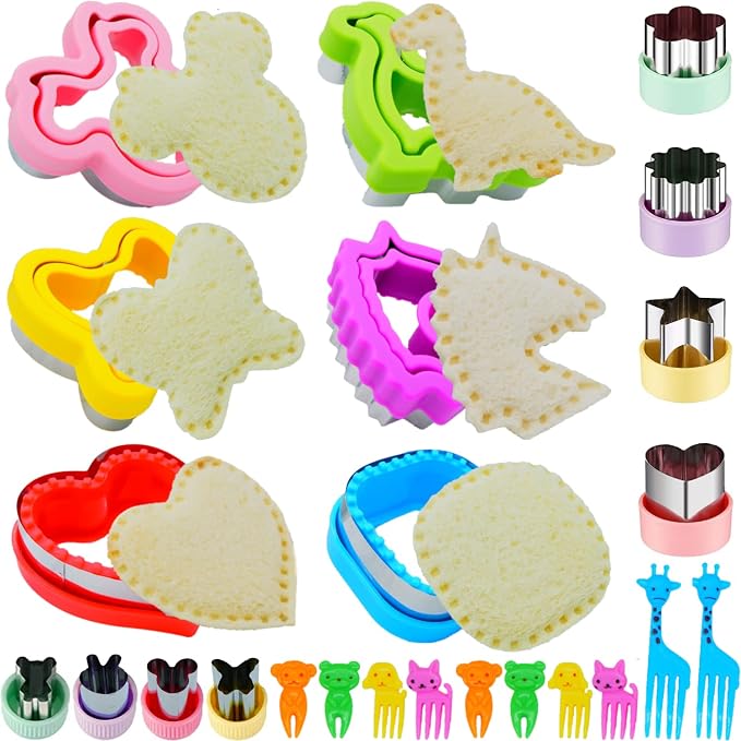 Uncrustable Sandwich Cutter, Crustless Sandwich Cutter and Sealer Set | 24PCS Sandwich Cookie Cutters & Forks, Heart Square Dino Mouse Butterfly Unicorn Shapes, Lunch & Bento Box Accessories