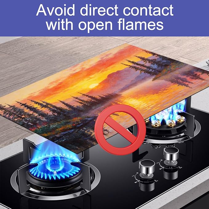 HOMETITUTE Spring Stove Top Covers for Electric Stove 28x20 Inches Sunset Lake Pine Forest Heat Resistant Glass Cooktop Protector Pad Decorative Stovetop Cover for Kitchen Coffee Bar Decor