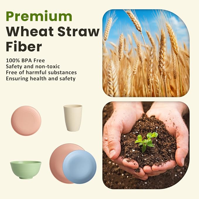 40-Piece Dinnerwave Sets, Service for 8, Wheat Straw Dinnerware Set - Plates and Bowls Set with Cups, Lightweight Microwave and Dishwasher Safe Dish Set for Dinner, Outdoor - Multi Light