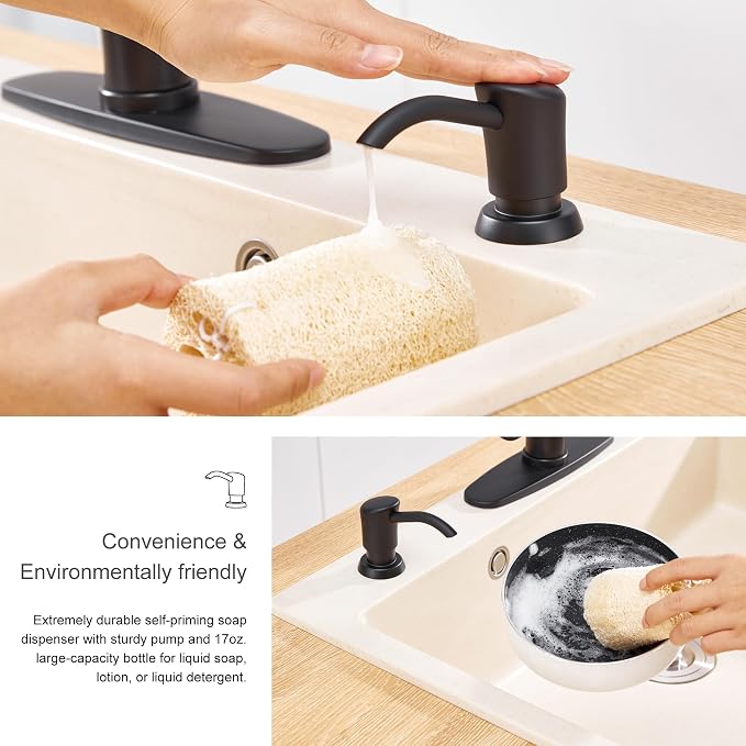 Dish Soap Dispenser for Kitchen Sink, 17 oz Bottle, Matte Black | Refills From The Top, No-Leak ABS Pump, DIY Installation, 360° Swivel, Fits 1–1.5 in Sink Holes; for Dish Soap or Lotion