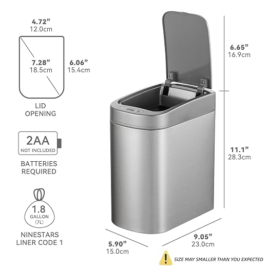 Ninestars Small Automatic Motion Sensor Bathroom Trash Can, 1.8 Gallon Smart Opening Garbage Bin for Bathroom, Bedroom, Kitchen, Office 7 Liter Compact Stainless Steel
