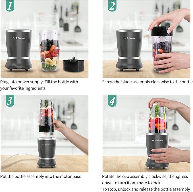 La Reveuse Personal Smoothie Blender, 7 Pieces Set, 250W, Black | for Shakes Smoothies Dips Sauces, BPA-free, Push to Blend, (1) 15oz Cup, (1) 10oz Mug, Dishwasher Safe, Compact, LARB2501B