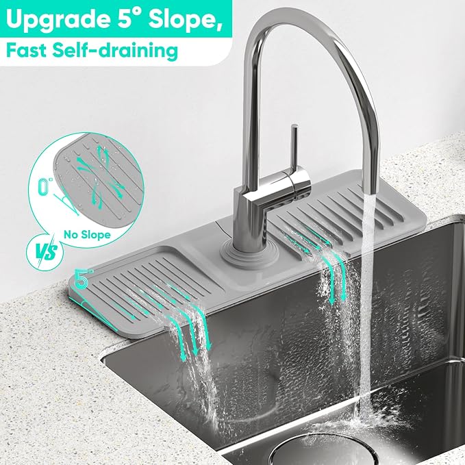 17.7'' Faucet Mat for Kitchen Sink [5°Slope Fast Self-draining] Kitchen Sink Splash Guard Silicone Kitchen Sink Faucet Mat Splash Guard for Kitchen Sink Area Tidy Splash Faucet Guard Draining Mat