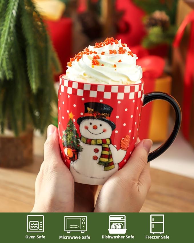 HASENSE Christmas Coffee Mugs Set of 4,15 oz Ceramic Holiday Cups with Handles, Matching Xmas Mugs for Hot Cocoa,Coffee or Tea,Ideal Xmas Gifts for Family,Friends,and Holiday Parties,Colorful