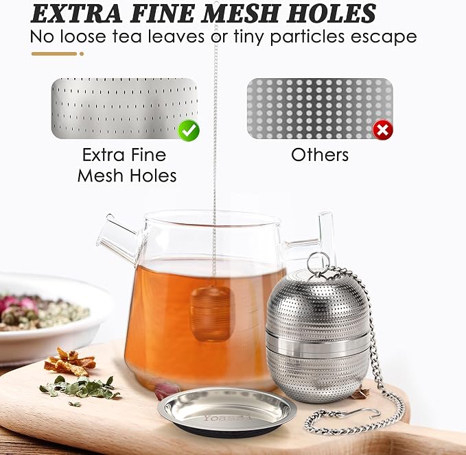 Yoassi 2 Pack Tea Infusers for Loose Tea, Extra Fine Mesh 18/8 Stainless Steel Tea Strainers, Loose Leaf Tea Steeper Tea Ball Tea Diffuser Tea Holder with Extended Chain Hook and Drip Tray