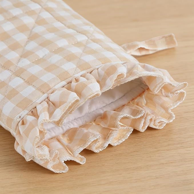 Twistover Checkered Oven Mitts 2-Pack Set, Cotton Gloves,Khaki | 13.5x6.5 Inch Size with Ruffle Trim, Non-slip Heat Resistant for Baking BBQ Microwave, Plaid Cotton for Cooking