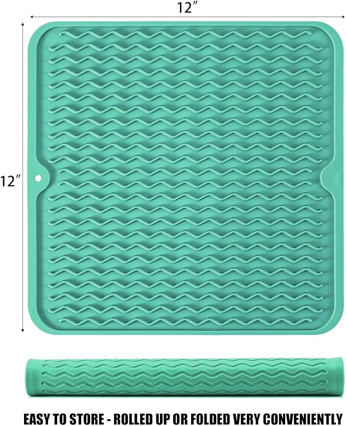 Silicone Dish Drying Mat, Non-Slip Easy Clean Sink Mat, Green, 12" x 12" | Quick-Dry Ridges, Large Heat-resistant Dish Drainer Mat for Kitchen Counter, Hangable & Roll-Up for Storage, Dishwasher Safe
