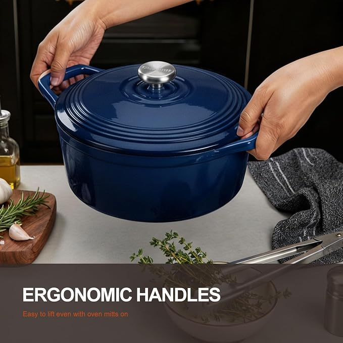 Overmont Enameled Cast Iron Dutch Oven - 5.5QT Pot with Lid Cookbook & Cotton Potholders - Heavy-Duty Cookware for Braising, Stews, Roasting, Bread Baking Midnight Sapphire