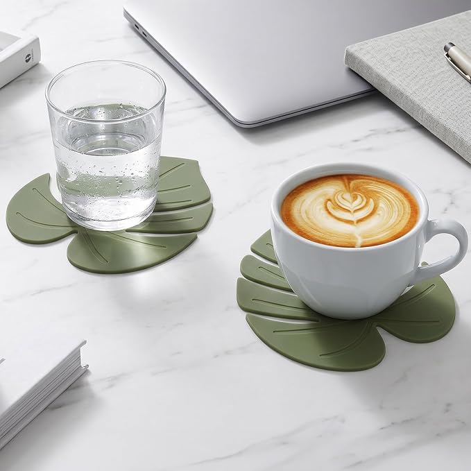 2 Pcs Plant Leaf Coaster, Cute Green Leaf Silicone Heat-Resistant Drink Trivet Mats Non-Slip Cup Pads for Table Countertop Kitchen Home Office Decor(4.13×4.72 Inch)
