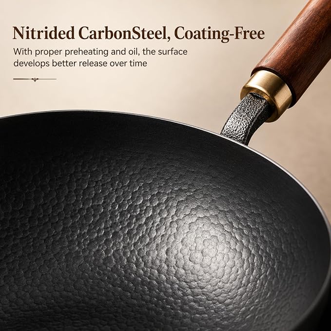 9.4 Inch Carbon Steel Wok with Glass Lid, Big Belly Flat Bottom Stir Fry Pan, Coating-Free Compact Wok Pan for Gas, Electric, Ceramic & Induction, 3.4 QT for 1–3 Servings