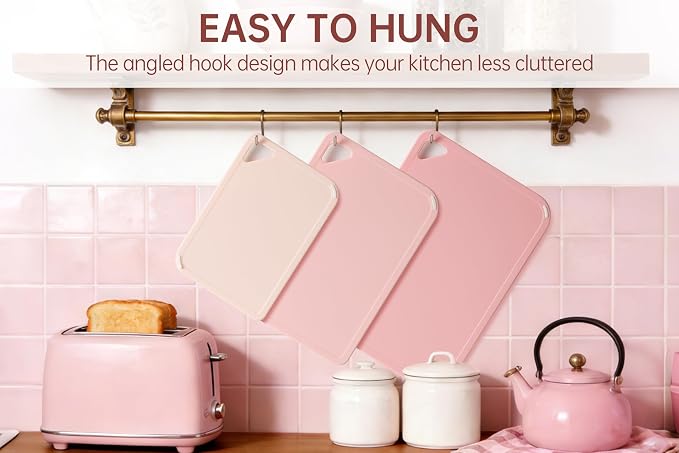 Plastic Cutting Board Set of 3, Pink Cutting Board for Kitchen | Non-Slip with Grip Handle, Chopping Board for Cooking, Bpa Free, Dishwasher Safe, Reversible, Cute Pink kitchen Accessories