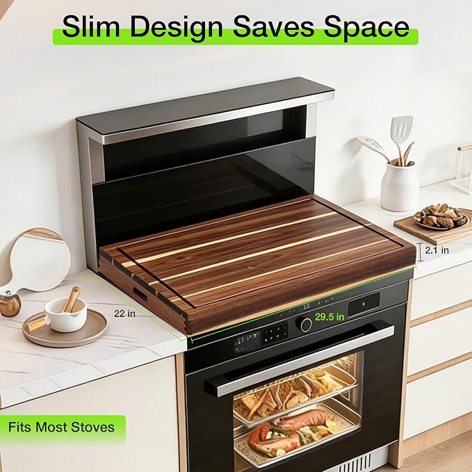 FAHKNS Natural Acacia Wood Noodle Board Stove Cover, 30 X 22 X 2.4" | Multifunctional Stove Cover for Electric Gas Stove Top, with Handles & Juice Groove, Use as Serving Tray, Cutting Board