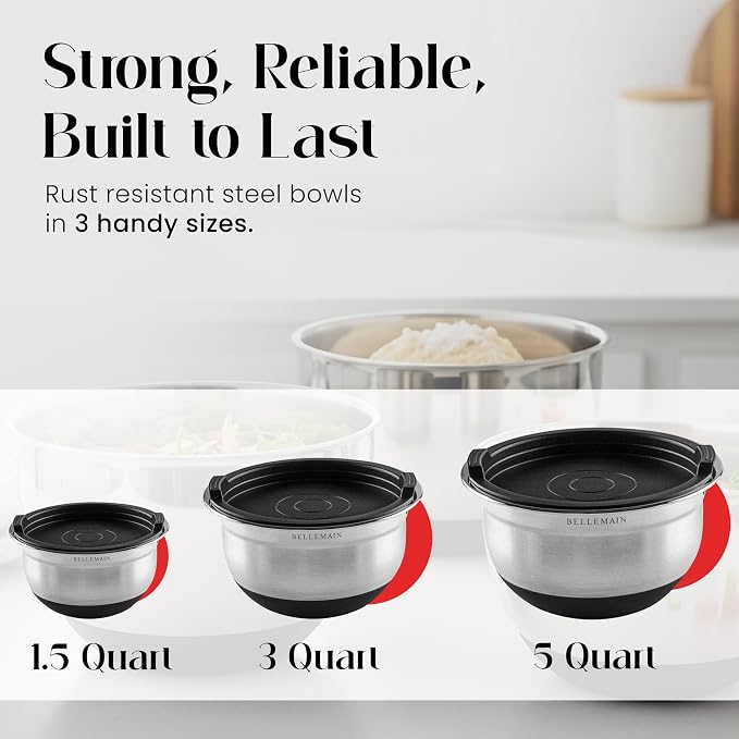Bellemain Stainless Steel Mixing Bowls with Airtight Lids Set - Set of 3 | Non-slip Silicon Base, Kitchen Essentials for Baking & Serving (Mix, Serve, and Store), Rust resistant, Dishwasher Safe