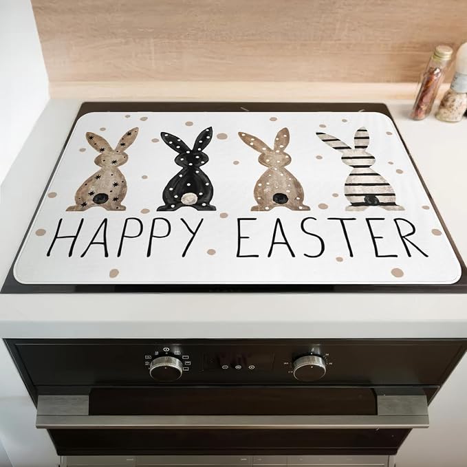 Happy Easter Glass Stove Top Covers for Electric Stove,Spring Rabbit Bunnies Polka Dots Heat Resistant Cooktop Protector Non-Slip Washable Dish Drying Mat Rug Pad for Kitchen Decor 28"x20"