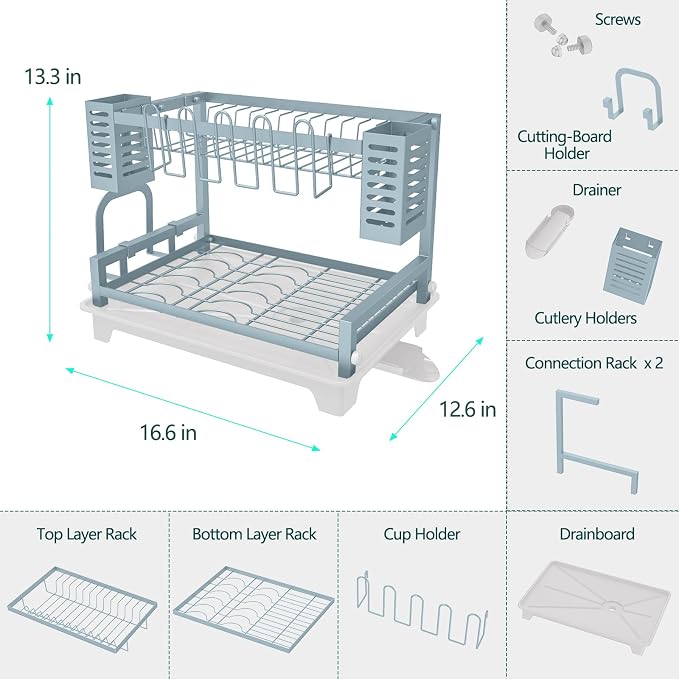 Dish Drying Rack, Rust-Proof 2 Tier Dish Racks for Kitchen Counter | Large Dish Drying Rack with Drainboard & Utensil Holders, Dish Drainers,Kitchen Organization Blue