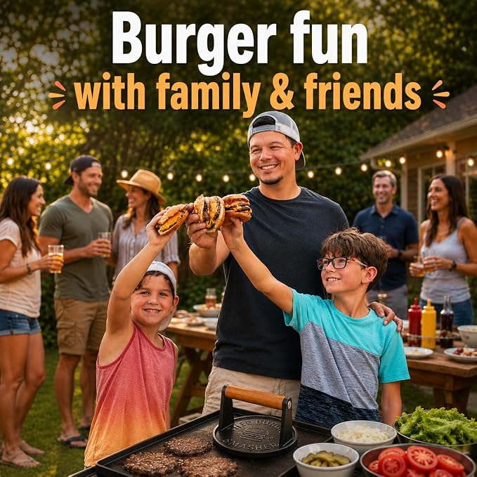 The Burger Smasher™ Pre-Seasoned Heavy Duty Cast Iron Smash Burger Press Kit - Heat Resistant Burger Smasher for Griddle, Food, Chef, Meat & Cooking Press, Hamburger Smasher - 30 Patty Paper