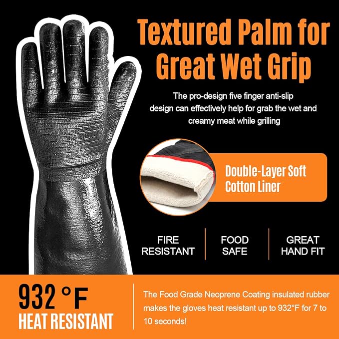 Schwer Heat Resistant BBQ Glove for Oven & Fryer Smoker, CR8000, 14inch | 932°F Thermal Insulation, Waterproof Oil Dirt resistant, Used for Kitchen Cooking Baking
