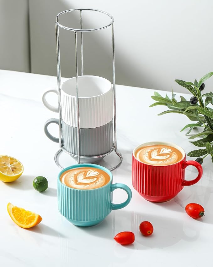 HASENSE Ceramic Coffee Mug Set of 4 with Rack - 15 oz Stacking Ribbed Latte Cups Set for Cappuccino, Tea, Hot Cocoa, Drinks - Wedding & Housewarming Gifts Assorted Colors