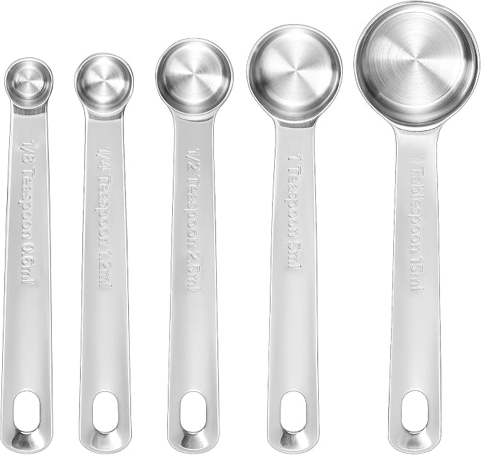 Premium 18/10 Measuring Spoons Set (Silver, 5PC Measuring Spoons) | 18/10 Stainless Steel; 1/8 Tsp to 1 Tbsp; Extrat-Long Handles; Stackable; Dishwasher Safe for Baking and Cooking.