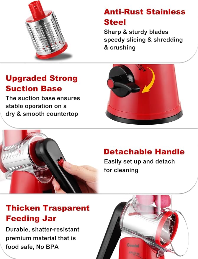 Geedel Rotary Cheese Grater Hand Crank, Cheese Shredder Vegetable Slicer | 5 Blades, 430 Stainless Steel, 12x Fast Cutting, Strong Suction Base, No BPA, Dishwasher Safe, for Cheese, Veggie, Nut