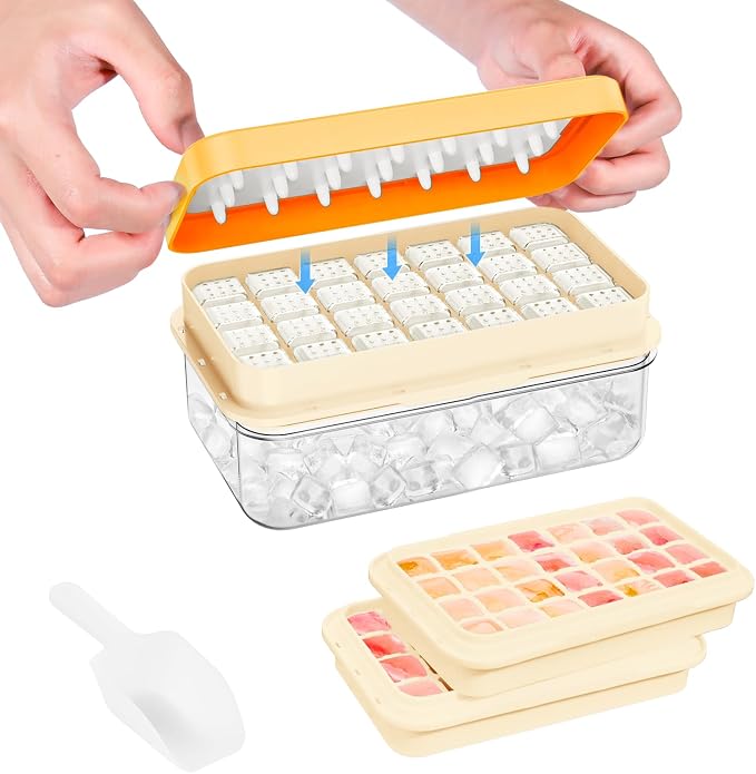 Ice Cube Tray with Lid and Bin, Easy Release 56 Cubes for Freezer | Food-grade BPA-free PP and ABS. Ice cubes for fruit, cocktails, iced coffee. Space-saving stackable with scoop