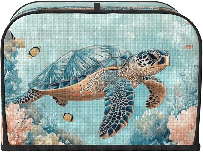 4 Slice Toaster Cover Turtle Sea Coral Ocean Dust Proof Washable Kitchen Appliance Cover with Pocket, Oxford Fabric Countertop Toaster Protector for Standard Toasters Small Appliances
