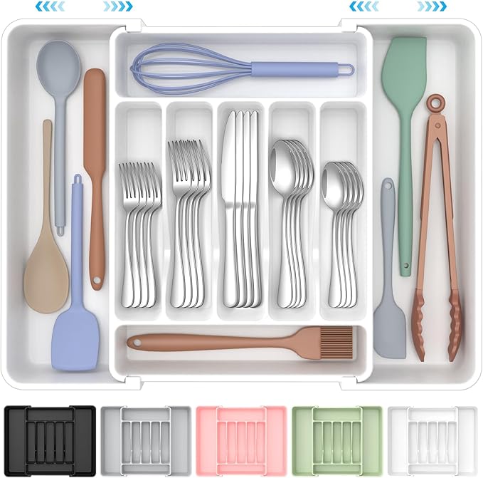 ukeetap Extra Large Expandable Silverware Organizer, Flatware Tray,White | BPA-Free Food-Safe Kitchen Utensil Cutlery Drawer Organizer, Adjustable Silverware Holder for Spoons Forks Knives