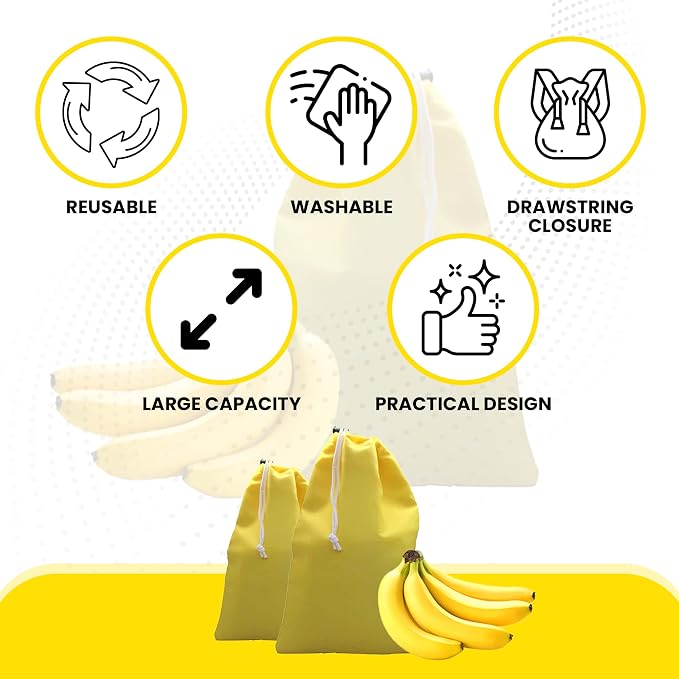 Gadgetime USA - Banana Drawstring Preserve Bag to Keep Fresh for Longer & Prevent Ripening - Reusable & Washable - Grocery & Produce Saver Sack (Yellow)