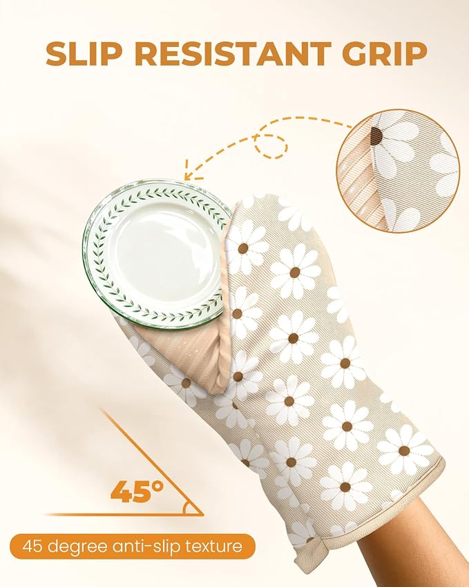 100% Thick Cotton Mini Oven Mitts Silicone Grip Daisy Gingham | Elegant Classic Oven Mitts for Women, Machine Washable, Non-Slip, Reversible Design Fits Both Hands, Stylish Kitchen Decor