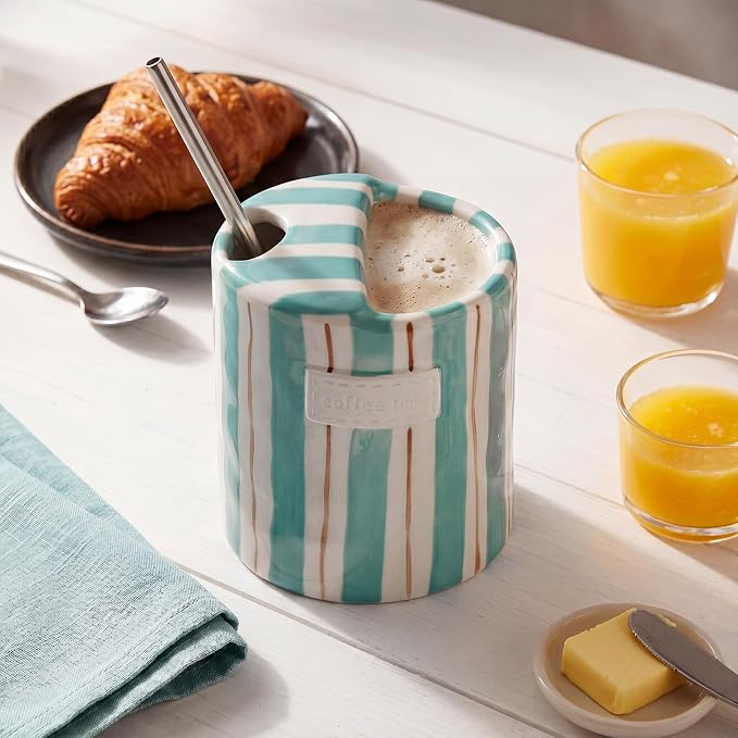 1 Pack Ceramic Mug with Sip Hole, Simple, Blue and Brown | 10oz Ceramic Coffee Cup with Straws, Retro Hand Painted Striped, for Iced Coffee Tea Latte Espresso, Kitchen Dining Travel